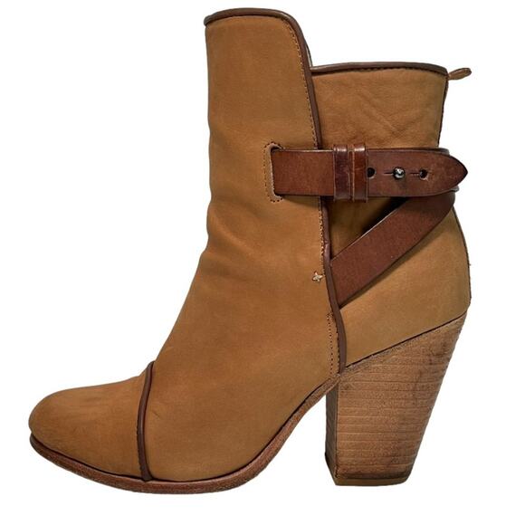 Rag & Bone Kinsey Leather Ankle Strap Booties Boots Block Heels Camel 37.5 7.5 - Picture 2 of 14